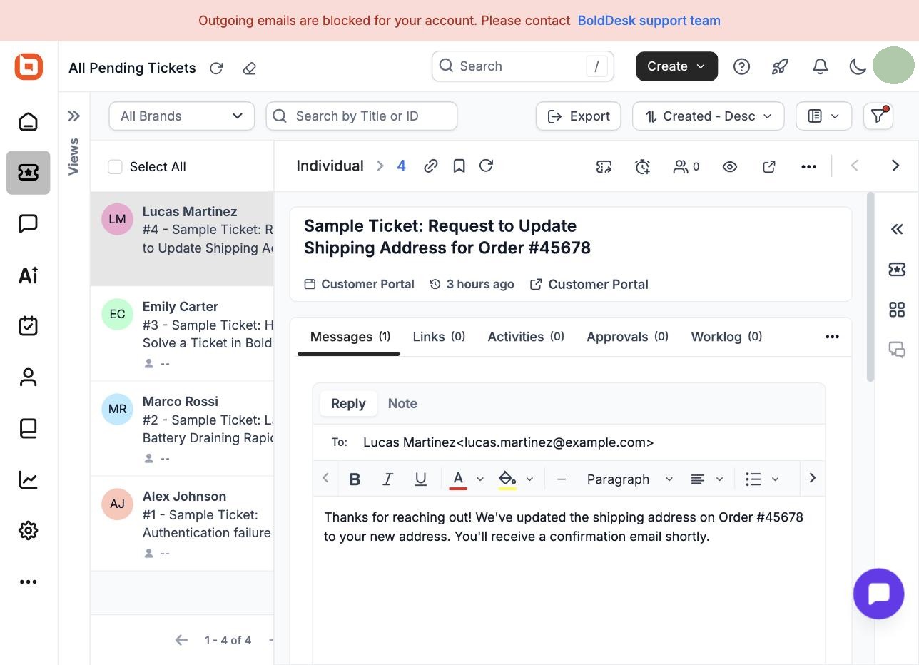 BoldDesk ticket reply composer open with a drafted response and rich text formatting toolbar